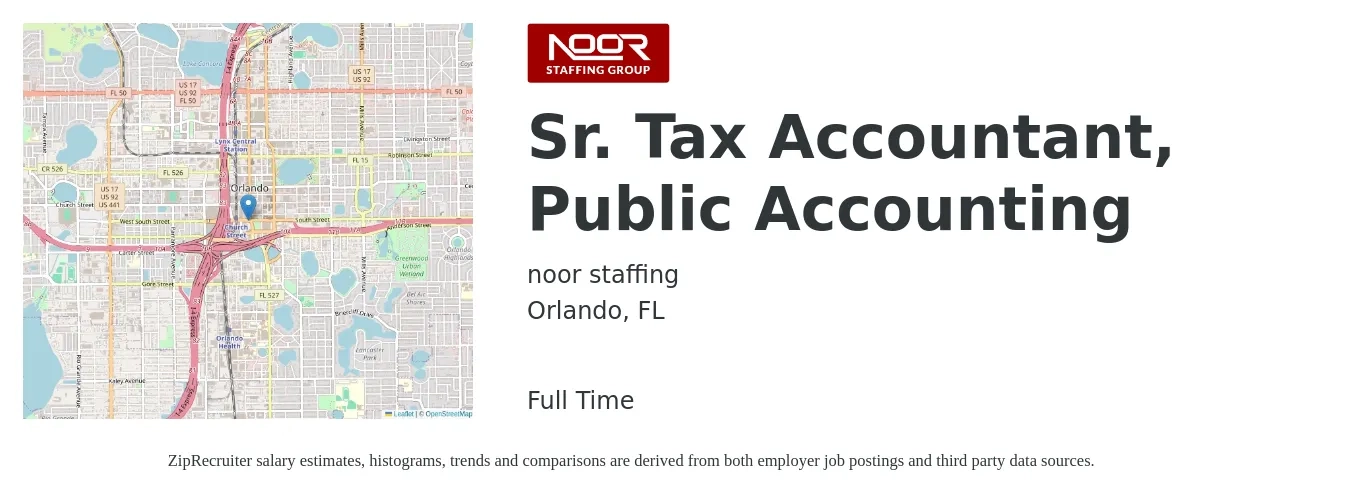 noor staffing job posting for a Sr. Tax Accountant, Public Accounting in Orlando, FL with a salary of $76,700 to $98,200 Yearly with a map of Orlando location.