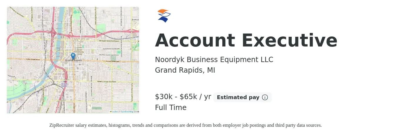 Noordyk Business Equipment LLC job posting for a Account Executive in Grand Rapids, MI with a salary of $30,000 to $65,000 Yearly with a map of Grand Rapids location.