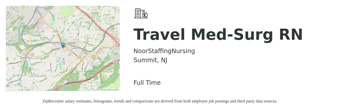 NoorStaffingNursing job posting for a Travel Med-Surg RN in Summit, NJ with a salary of $2,473 Weekly with a map of Summit location.