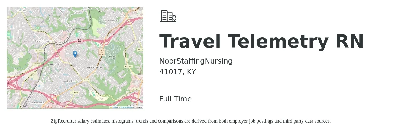 NoorStaffingNursing job posting for a Travel Telemetry RN in 41017, KY with a salary of $2,258 Weekly with a map of 41017 location.