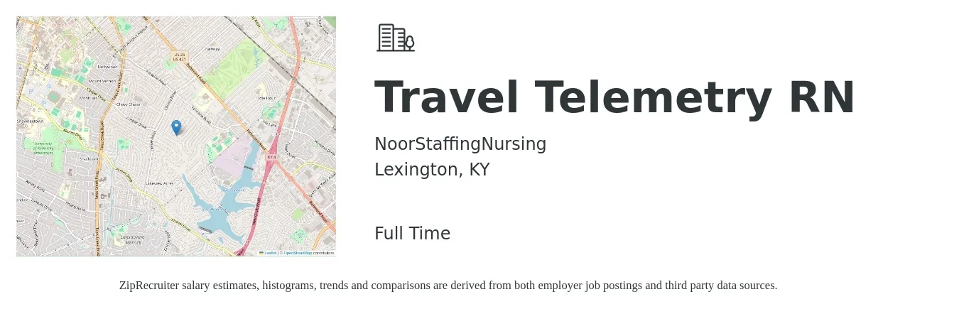 NoorStaffingNursing job posting for a Travel Telemetry RN in Lexington, KY with a salary of $2,412 Weekly with a map of Lexington location.