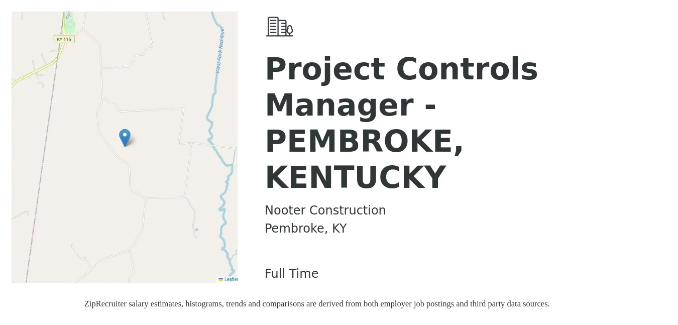 Nooter Construction job posting for a Project Controls Manager - PEMBROKE, KENTUCKY in Pembroke, KY with a salary of $72,400 to $122,200 Yearly with a map of Pembroke location.