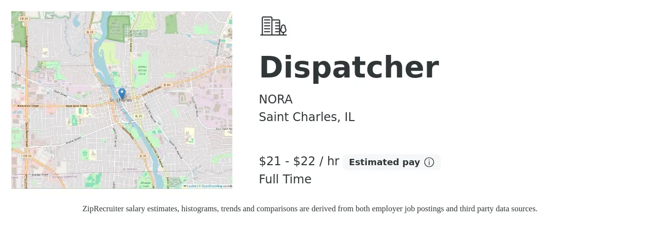 NORA job posting for a Dispatcher in Saint Charles, IL with a salary of $22 to $23 Hourly with a map of Saint Charles location.