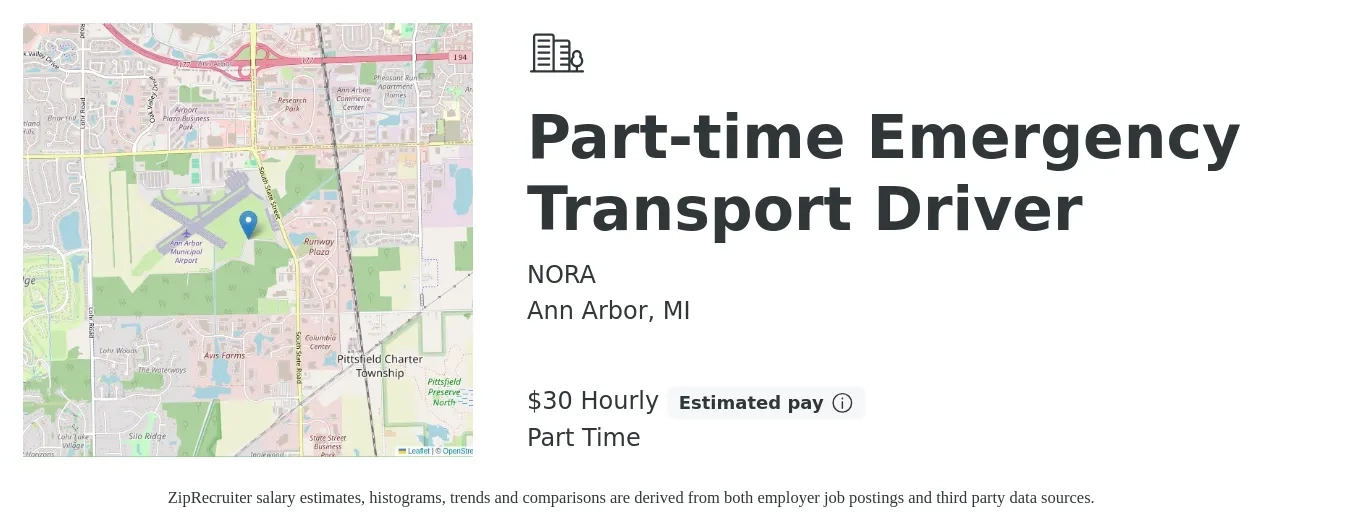 NORA job posting for a Part-time Emergency Transport Driver in Ann Arbor, MI with a salary of $32 Hourly with a map of Ann Arbor location.
