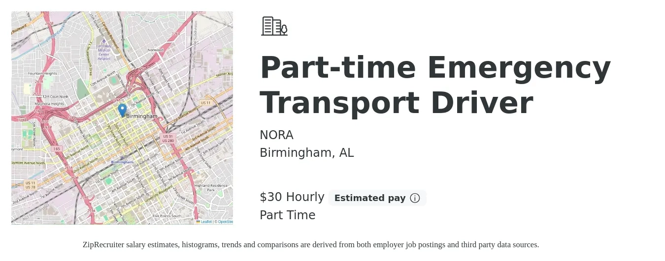 NORA job posting for a Part-time Emergency Transport Driver in Birmingham, AL with a salary of $32 Hourly with a map of Birmingham location.