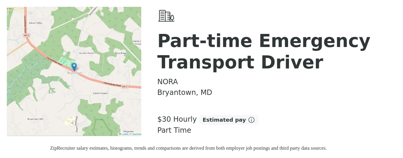 NORA job posting for a Part-time Emergency Transport Driver in Bryantown, MD with a salary of $32 Hourly with a map of Bryantown location.