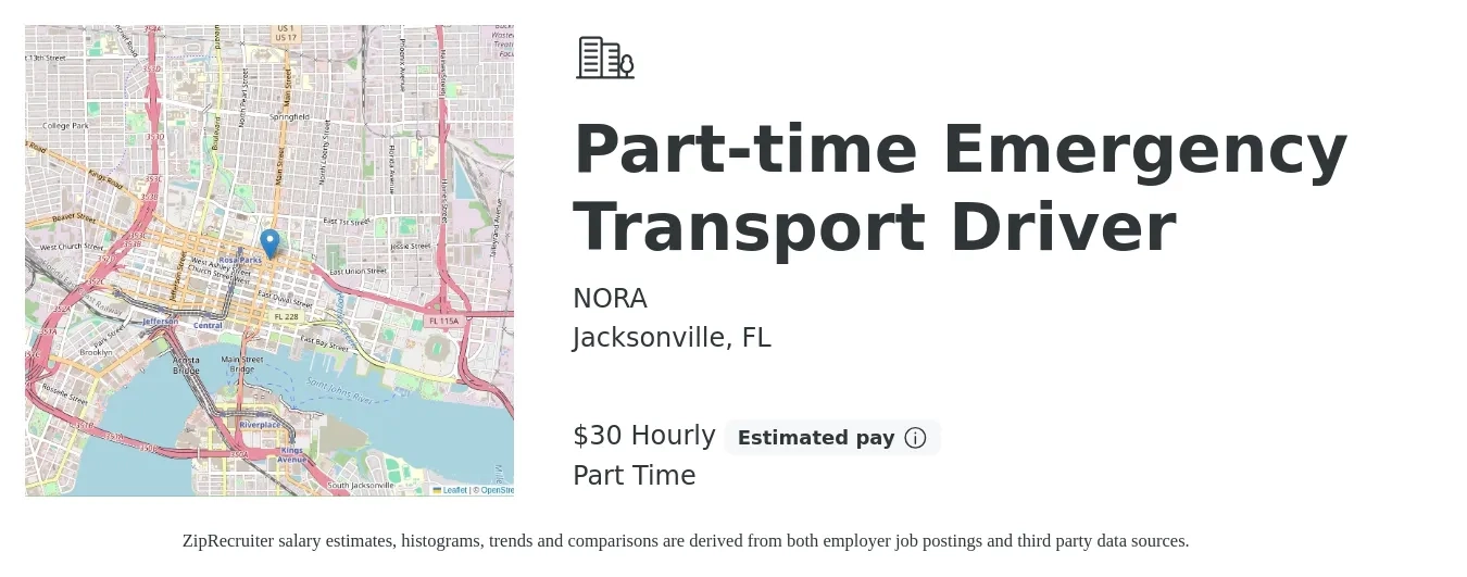 NORA job posting for a Part-time Emergency Transport Driver in Jacksonville, FL with a salary of $32 Hourly with a map of Jacksonville location.