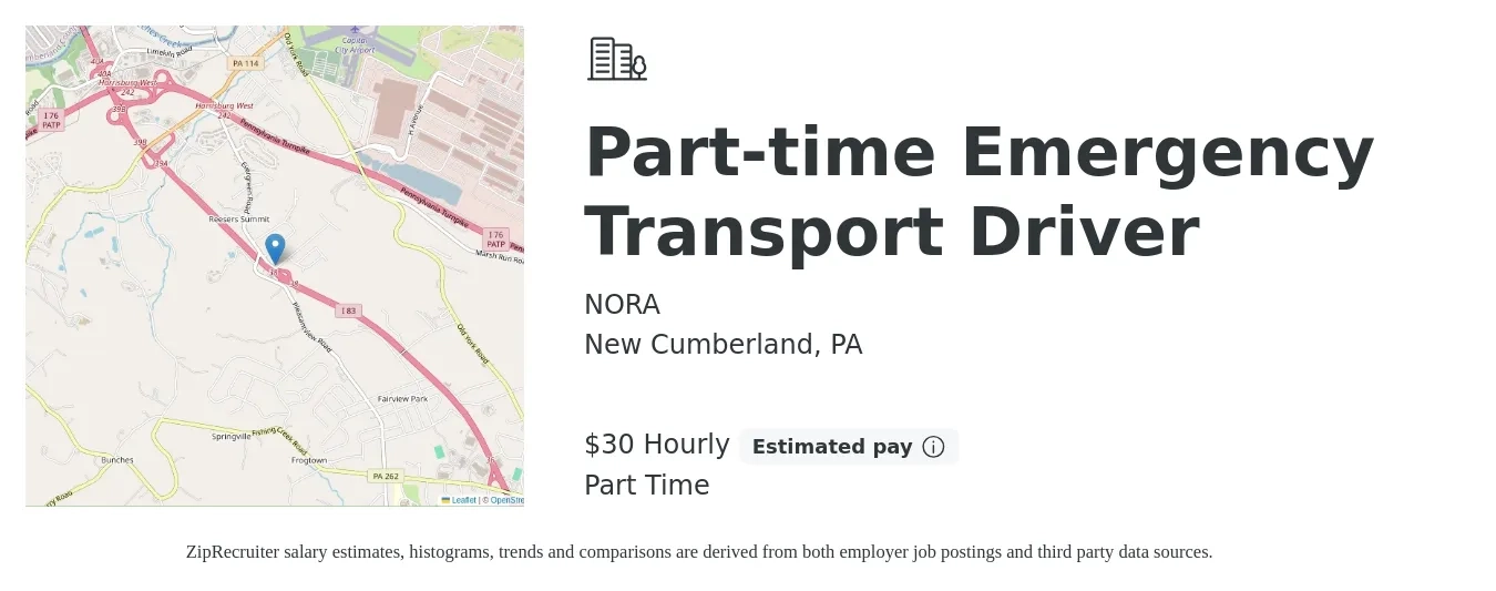 NORA job posting for a Part-time Emergency Transport Driver in New Cumberland, PA with a salary of $32 Hourly with a map of New Cumberland location.