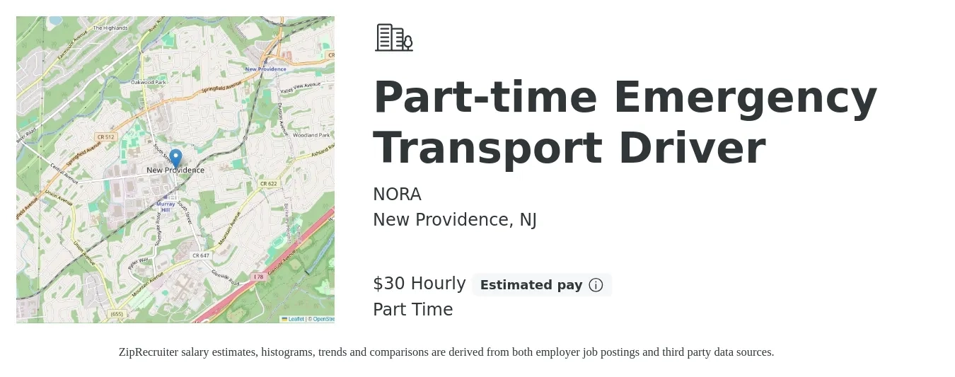 NORA job posting for a Part-time Emergency Transport Driver in New Providence, NJ with a salary of $32 Hourly with a map of New Providence location.