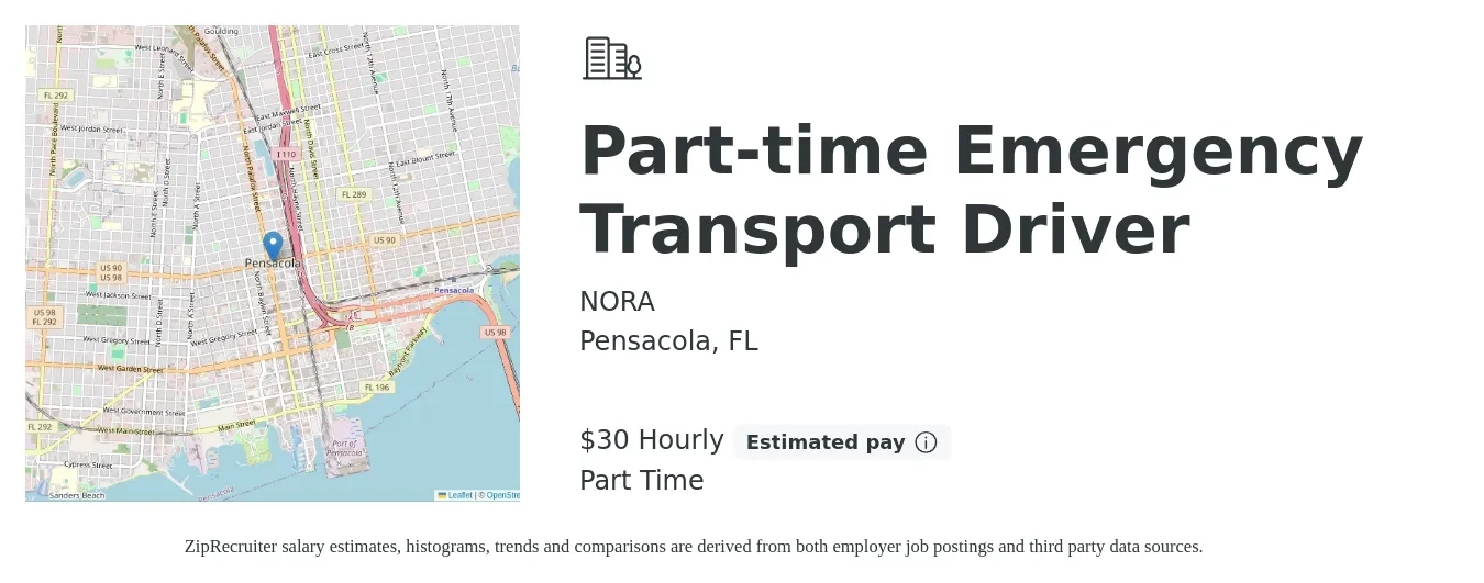 NORA job posting for a Part-time Emergency Transport Driver in Pensacola, FL with a salary of $32 Hourly with a map of Pensacola location.