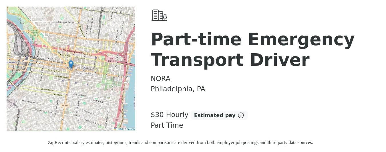 NORA job posting for a Part-time Emergency Transport Driver in Philadelphia, PA with a salary of $32 Hourly with a map of Philadelphia location.
