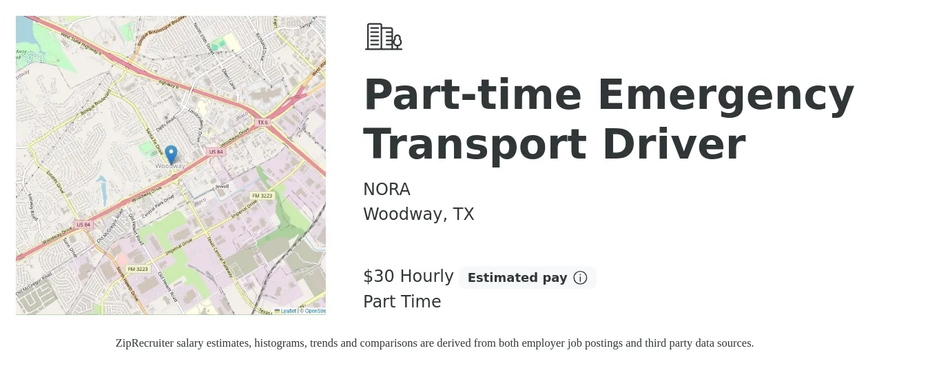 NORA job posting for a Part-time Emergency Transport Driver in Woodway, TX with a salary of $32 Hourly with a map of Woodway location.