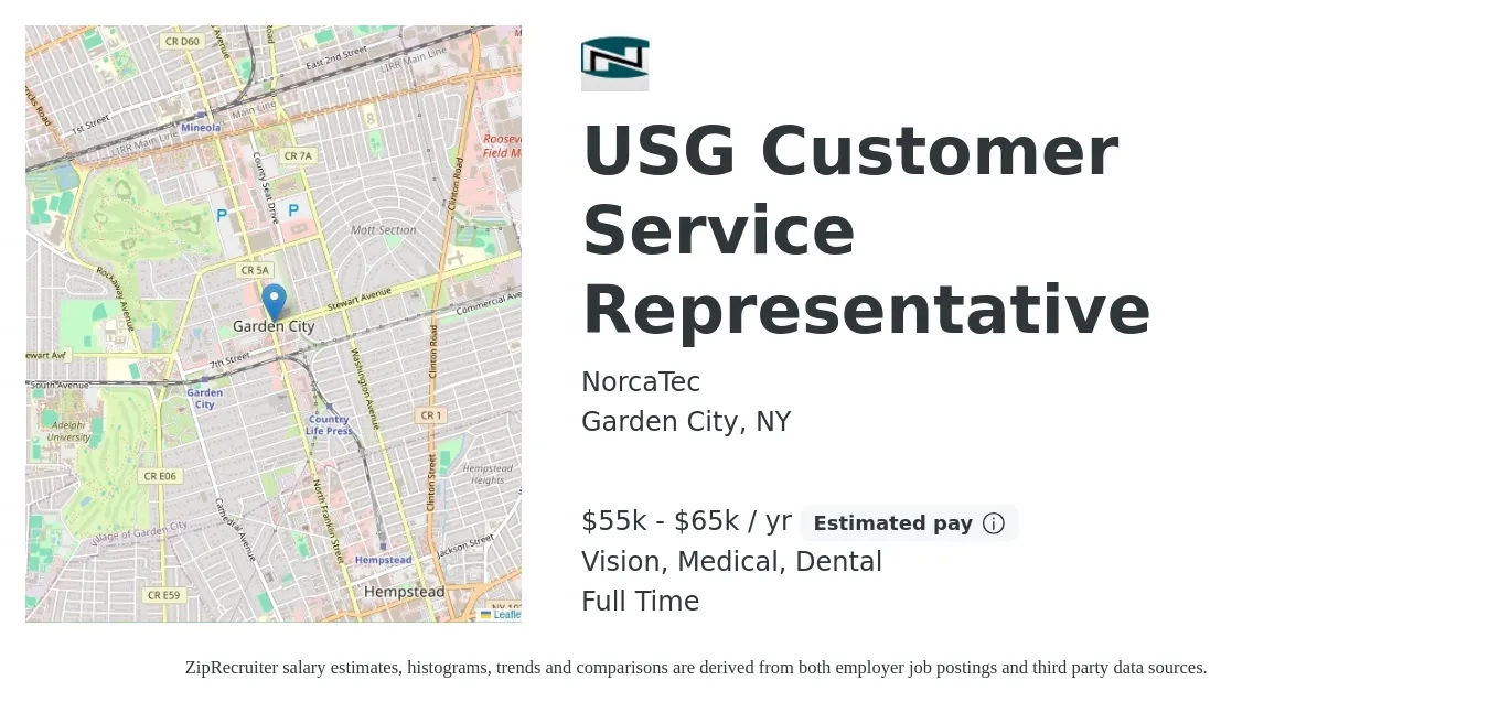 NorcaTec job posting for a USG Customer Service Representative in Garden City, NY with a salary of $55,000 to $65,000 Yearly and benefits including life_insurance, medical, pto, retirement, vision, and dental with a map of Garden City location.