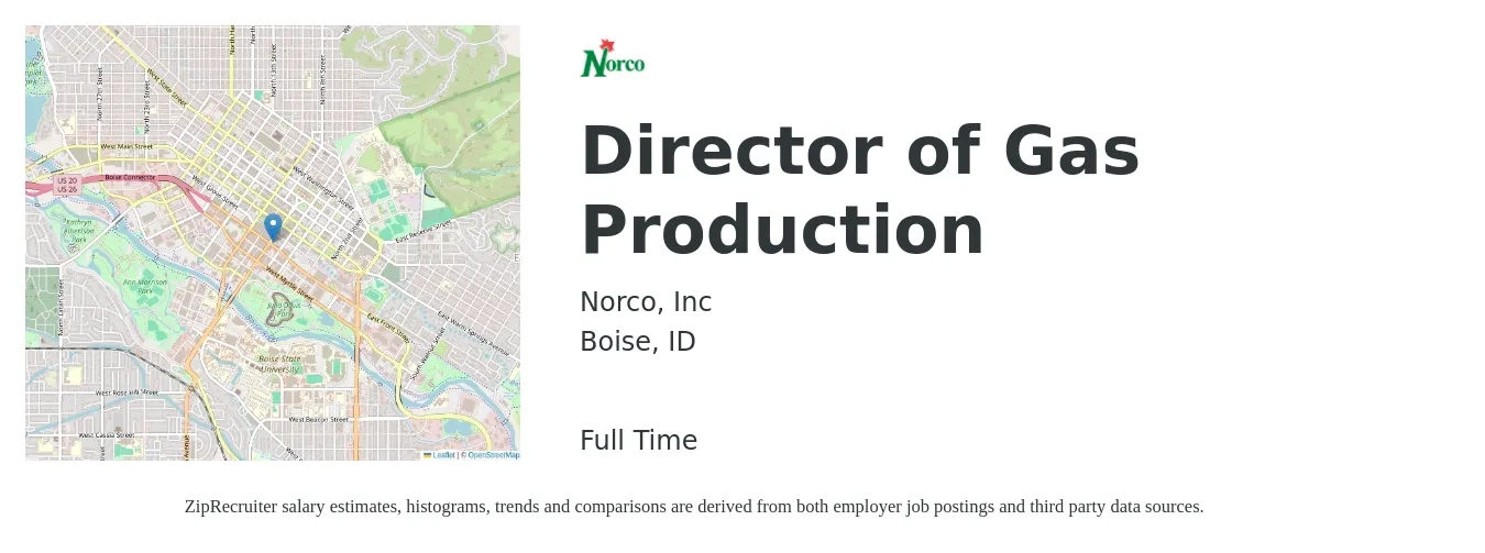 Norco, Inc job posting for a Director of Gas Production in Boise, ID with a salary of $72,200 to $119,900 Yearly with a map of Boise location.