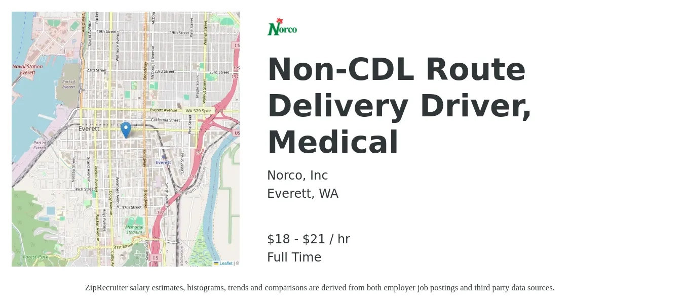 Norco, Inc job posting for a Non-CDL Route Delivery Driver, Medical in Everett, WA with a salary of $19 to $22 Hourly with a map of Everett location.