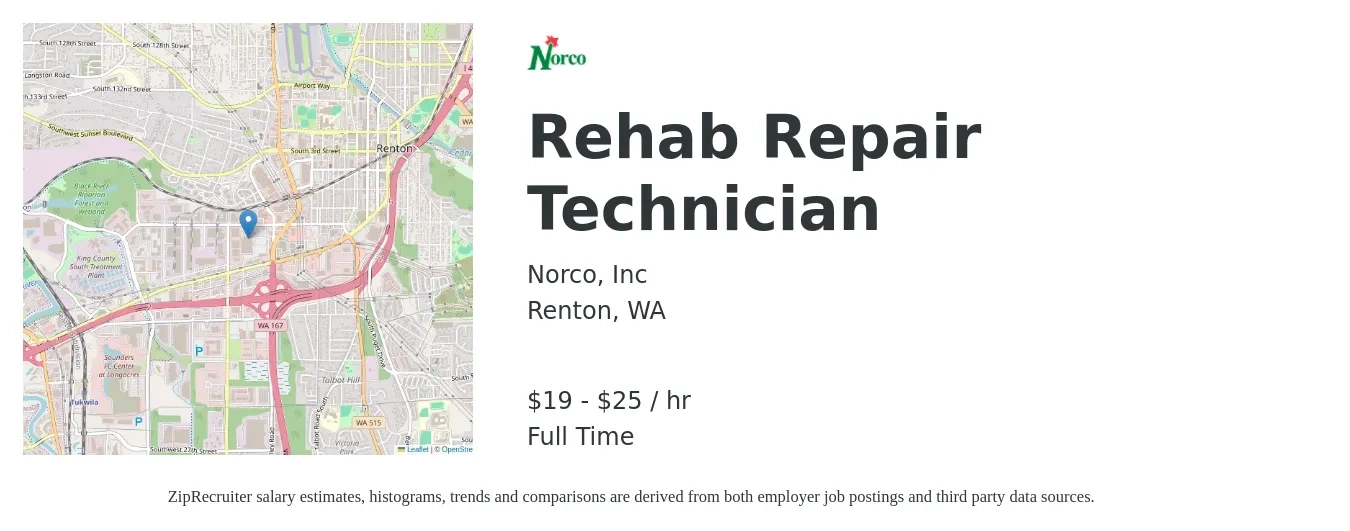 Norco, Inc job posting for a Rehab Repair Technician in Renton, WA with a salary of $20 to $26 Hourly with a map of Renton location.