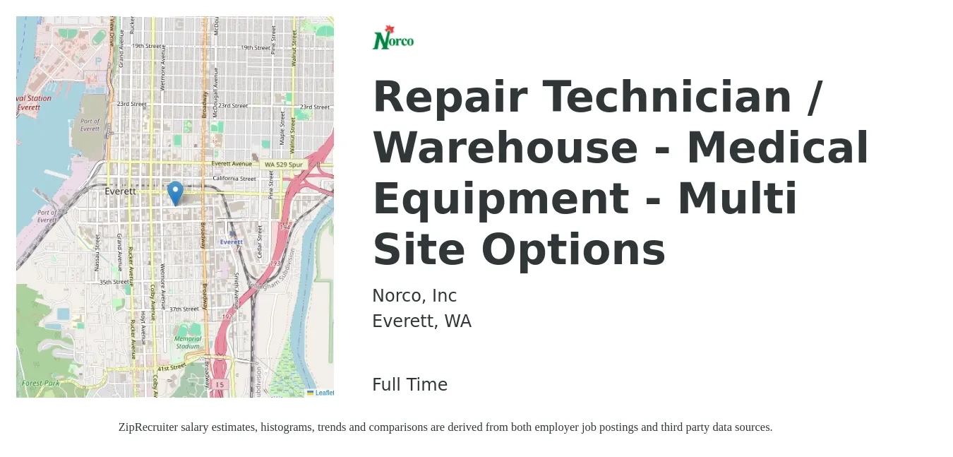 Norco, Inc job posting for a Repair Technician / Warehouse - Medical Equipment - Multi Site Options in Everett, WA with a salary of $20 to $26 Hourly with a map of Everett location.