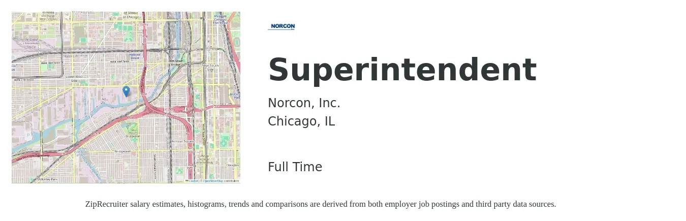 Norcon, Inc. job posting for a Superintendent in Chicago, IL with a salary of $73,200 to $119,100 Yearly with a map of Chicago location.