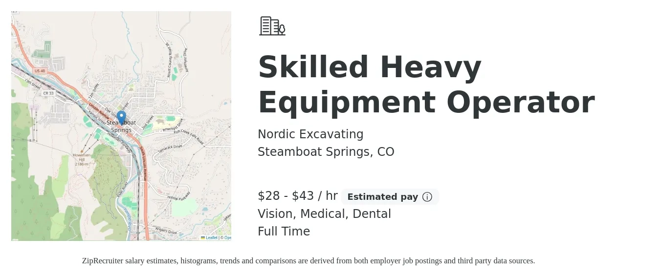 Nordic Excavating job posting for a Skilled Heavy Equipment Operator in Steamboat Springs, CO with a salary of $30 to $45 Hourly and benefits including retirement, vision, dental, medical, and pto with a map of Steamboat Springs location.