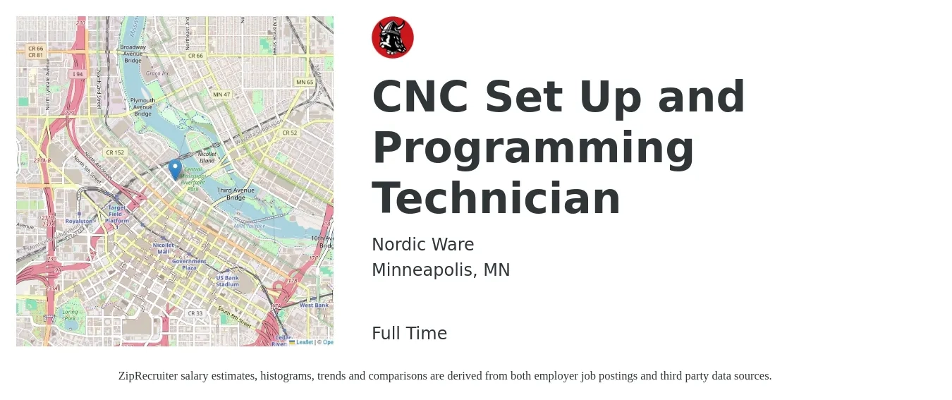 Nordic Ware job posting for a CNC Set Up and Programming Technician in Minneapolis, MN with a salary of $28 to $38 Hourly with a map of Minneapolis location.