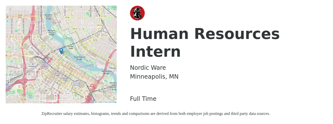 Nordic Ware job posting for a Human Resources Intern in Minneapolis, MN with a salary of $16 to $21 Hourly with a map of Minneapolis location.