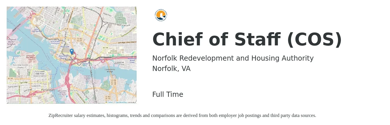 Norfolk Redevelopment and Housing Authority job posting for a Chief of Staff (COS) in Norfolk, VA with a salary of $90,000 to $141,300 Yearly with a map of Norfolk location.
