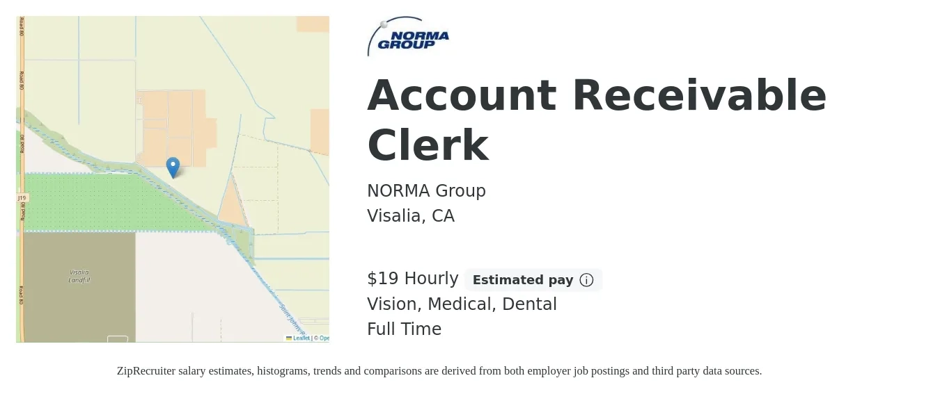 NORMA Group job posting for a Account Receivable Clerk in Visalia, CA with a salary of $20 Hourly and benefits including retirement, vision, dental, life_insurance, medical, and pto with a map of Visalia location.