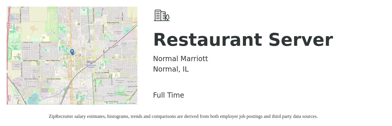 Normal Marriott job posting for a Restaurant Server in Normal, IL with a salary of $10 to $16 Hourly with a map of Normal location.