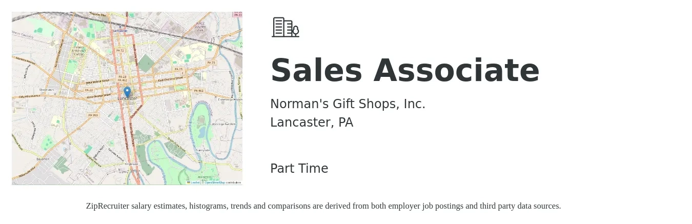 Norman's Gift Shops, Inc. job posting for a Sales Associate in Lancaster, PA with a salary of $14 to $18 Hourly with a map of Lancaster location.