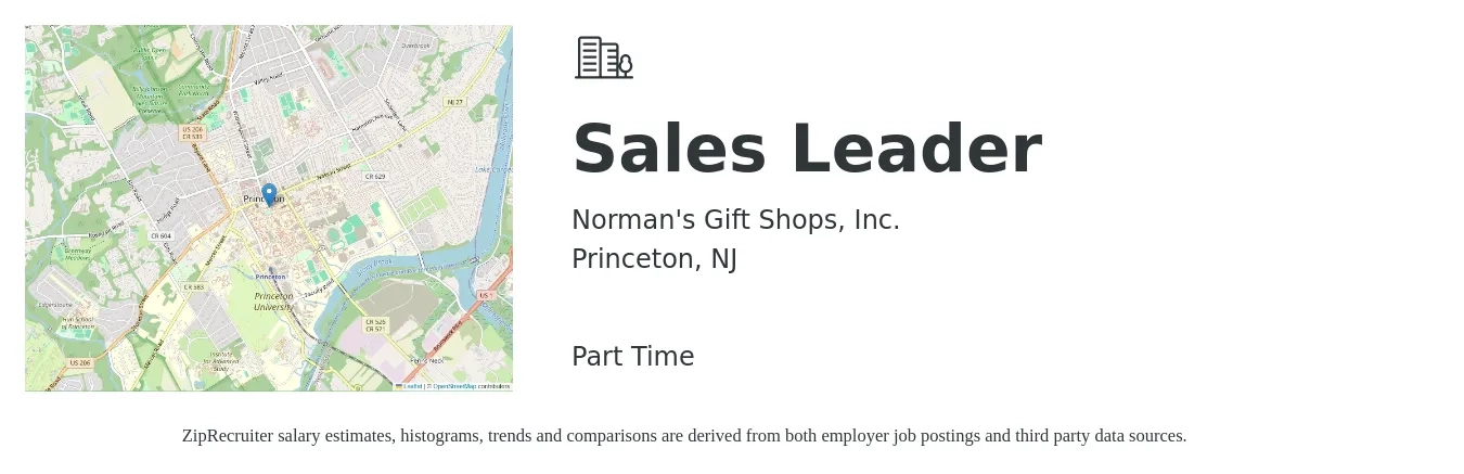Norman's Gift Shops, Inc. job posting for a Sales Leader in Princeton, NJ with a salary of $16 to $27 Hourly with a map of Princeton location.