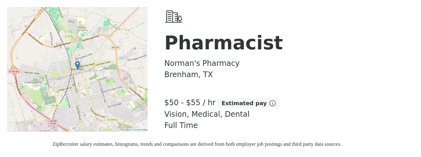 Norman's Pharmacy job posting for a Pharmacist in Brenham, TX with a salary of $52 to $58 Hourly and benefits including dental, life_insurance, medical, pto, retirement, and vision with a map of Brenham location.
