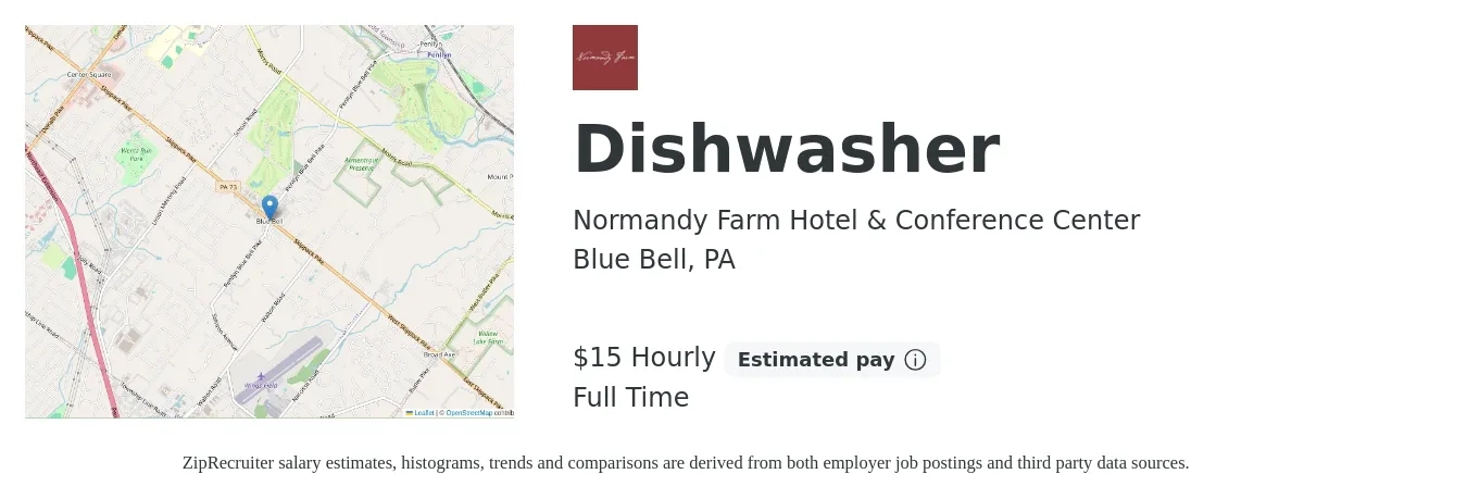 Normandy Farm Hotel & Conference Center job posting for a Dishwasher in Blue Bell, PA with a salary of $16 Hourly with a map of Blue Bell location.