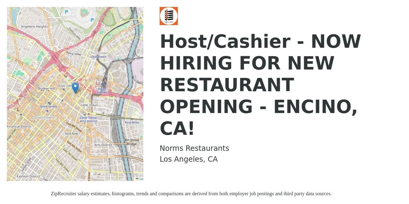 Norms Restaurants job posting for a Host/Cashier - NOW HIRING FOR NEW RESTAURANT OPENING - ENCINO, CA! in Los Angeles, CA with a salary of $13 to $17 Hourly with a map of Los Angeles location.