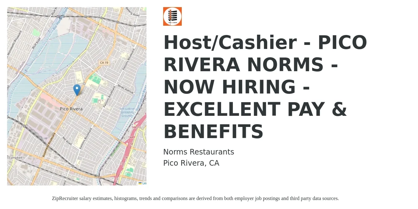 Norms Restaurants job posting for a Host/Cashier - PICO RIVERA NORMS - NOW HIRING - EXCELLENT PAY & BENEFITS in Pico Rivera, CA with a salary of $12 to $17 Hourly with a map of Pico Rivera location.