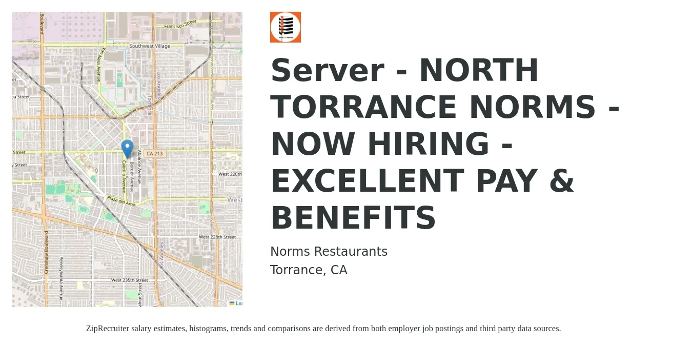 Norms Restaurants job posting for a Server - NORTH TORRANCE NORMS - NOW HIRING - EXCELLENT PAY & BENEFITS in Torrance, CA with a salary of $11 to $18 Hourly with a map of Torrance location.