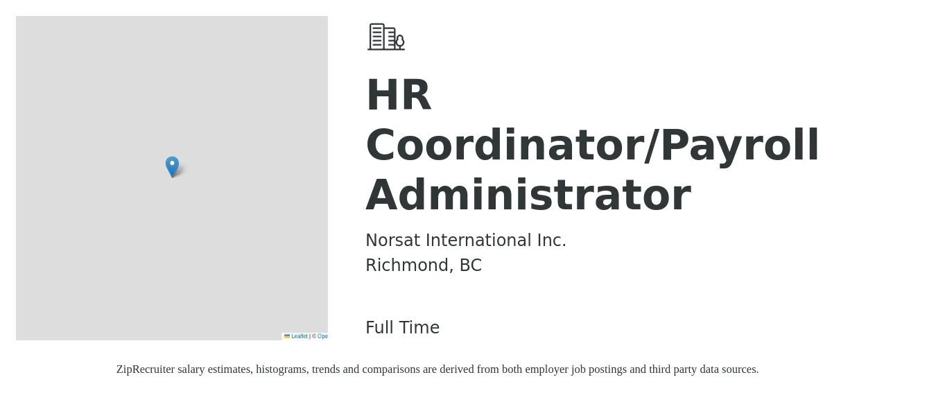 Norsat International Inc. job posting for a HR Coordinator/Payroll Administrator in Richmond, BC with a map of Richmond location.