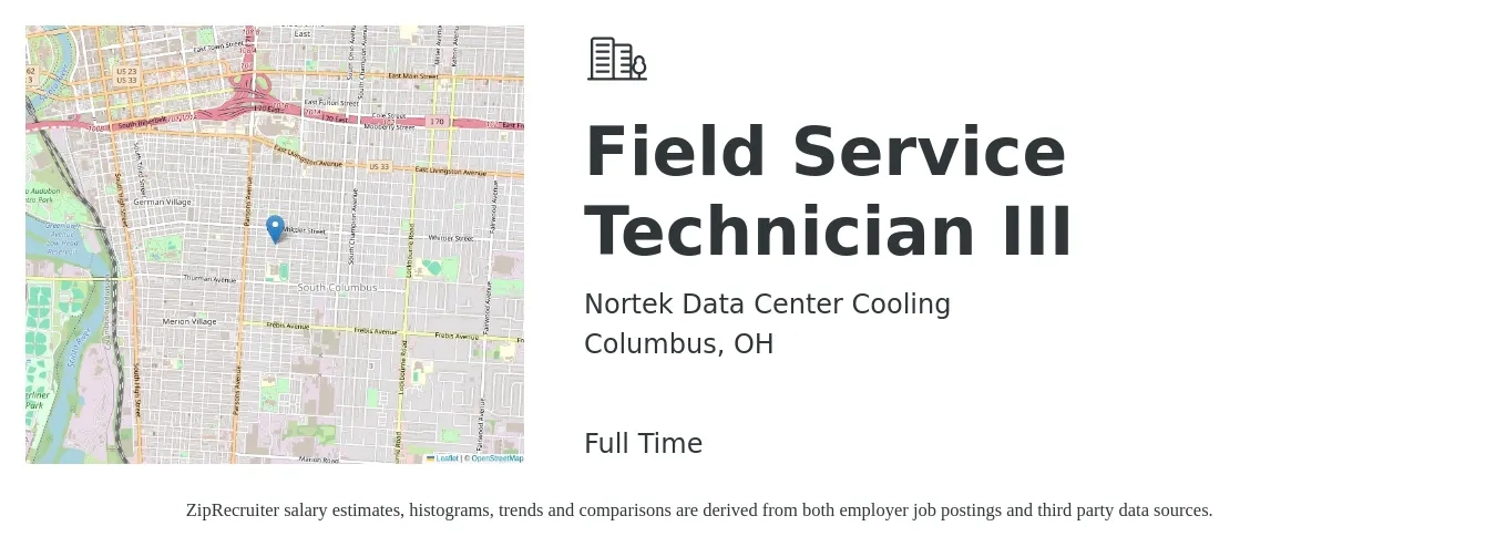Nortek Data Center Cooling job posting for a Field Service Technician III in Columbus, OH with a salary of $19 to $29 Hourly with a map of Columbus location.