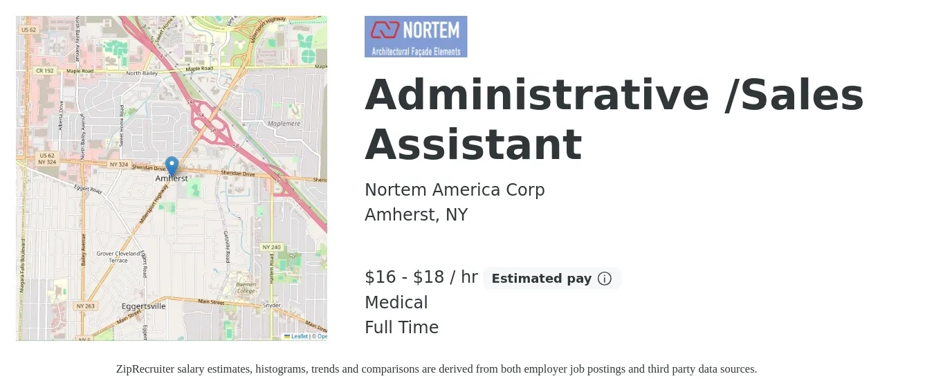 Nortem America Corp job posting for a Administrative /Sales Assistant in Amherst, NY with a salary of $17 to $19 Hourly (plus commission) and benefits including medical, and pto with a map of Amherst location.