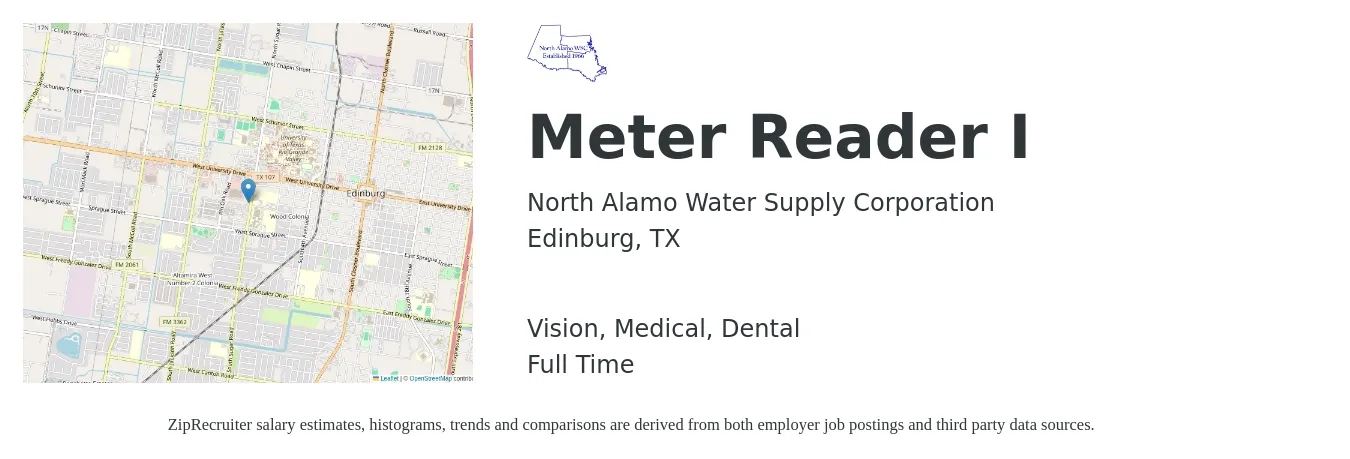 North Alamo Water Supply Corporation job posting for a Meter Reader I in Edinburg, TX with a salary of $12 to $16 Hourly and benefits including dental, life_insurance, medical, retirement, and vision with a map of Edinburg location.