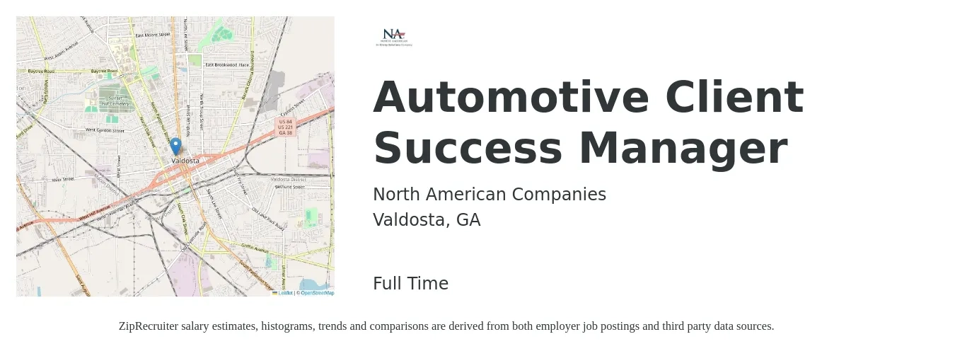 North American Companies job posting for a Automotive Client Success Manager in Valdosta, GA with a salary of $43,700 to $72,700 Yearly with a map of Valdosta location.