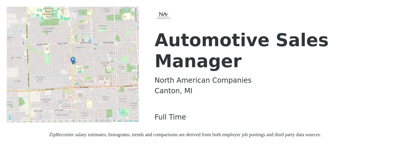North American Companies job posting for a Automotive Sales Manager in Canton, MI with a salary of $57,800 to $123,600 Yearly with a map of Canton location.