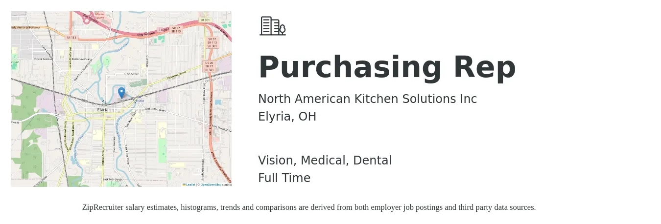 North American Kitchen Solutions Inc job posting for a Purchasing Rep in Elyria, OH with a salary of $39,200 to $54,700 Yearly and benefits including dental, life_insurance, medical, pto, and vision with a map of Elyria location.