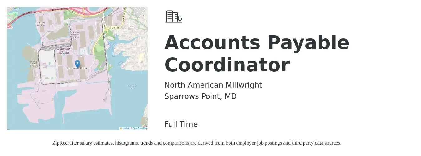 North American Millwright job posting for a Accounts Payable Coordinator in Sparrows Point, MD with a salary of $22 to $29 Hourly with a map of Sparrows Point location.