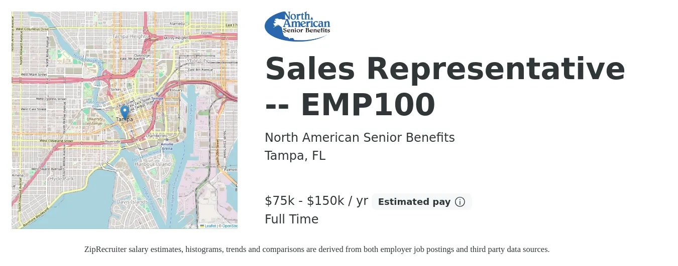 North American Senior Benefits job posting for a Sales Representative -- EMP100 in Tampa, FL with a salary of $75,000 to $150,000 Yearly with a map of Tampa location.
