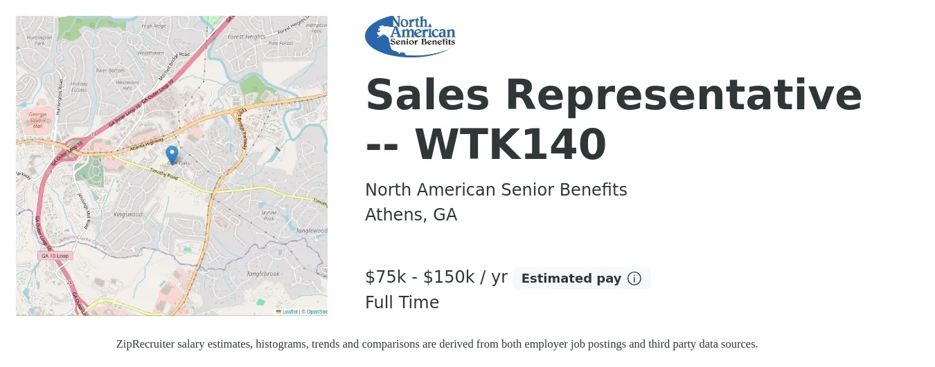 North American Senior Benefits job posting for a Sales Representative -- WTK140 in Athens, GA with a salary of $75,000 to $150,000 Yearly with a map of Athens location.