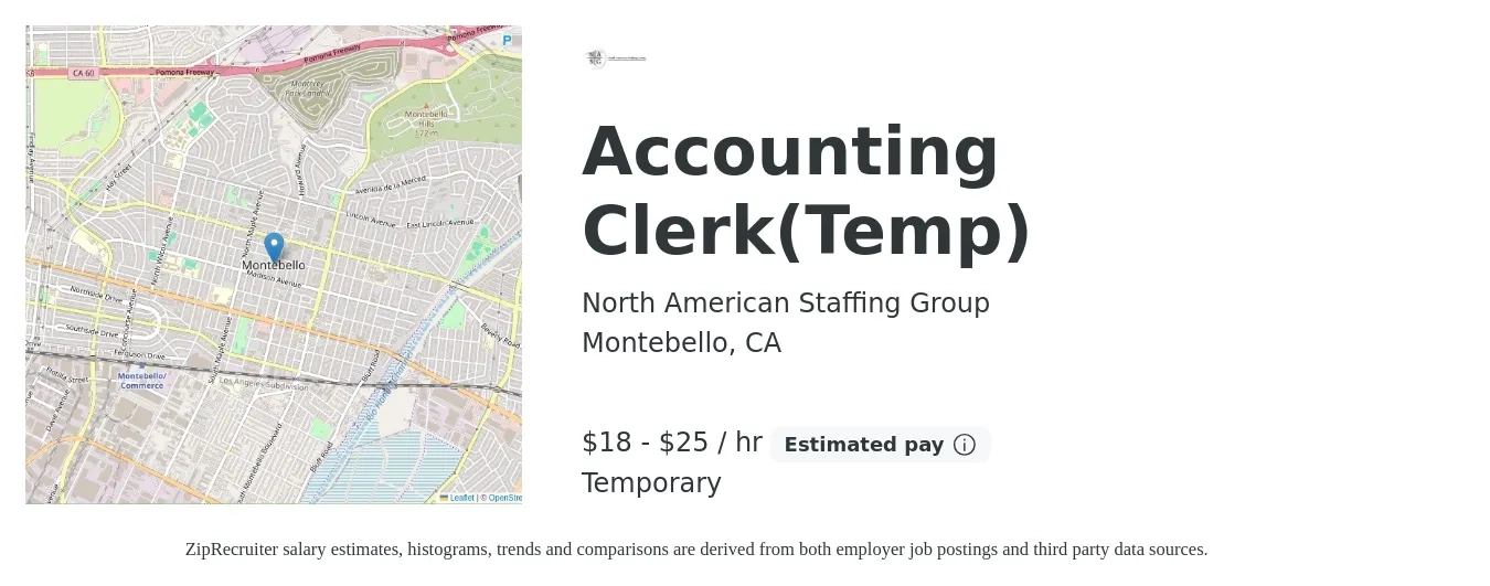 North American Staffing Group, Inc. job posting for a Accounting Clerk(Temp) in Montebello, CA with a salary of $19 to $26 Hourly with a map of Montebello location.