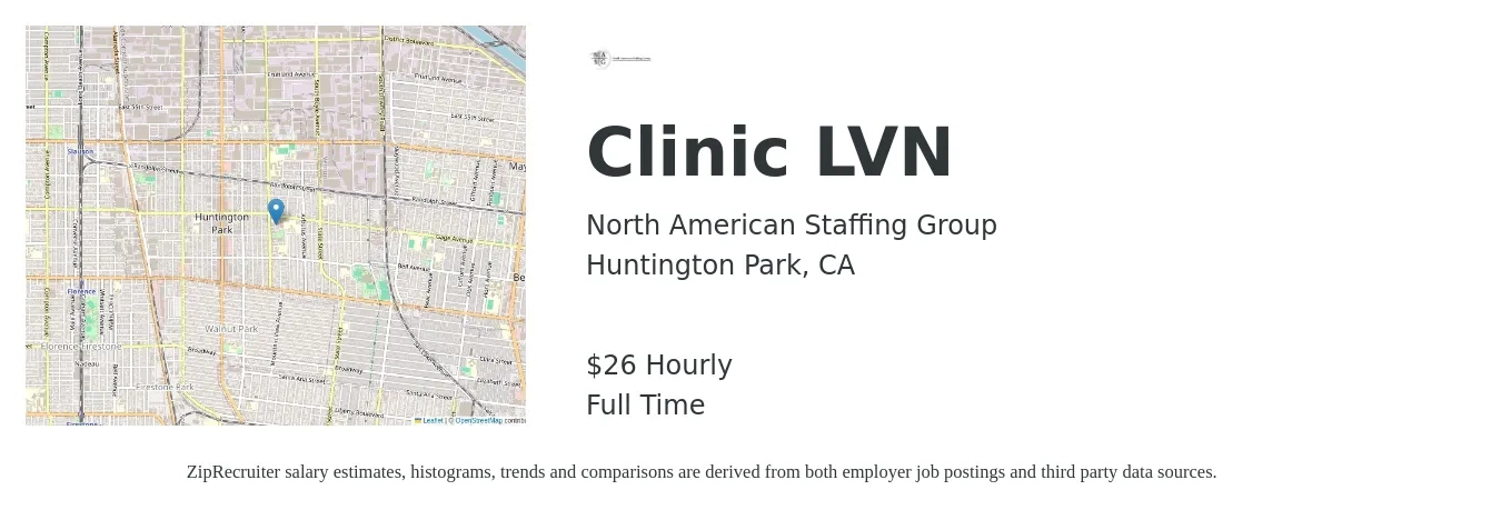 North American Staffing Group job posting for a Clinic LVN in Huntington Park, CA with a salary of $28 Hourly with a map of Huntington Park location.