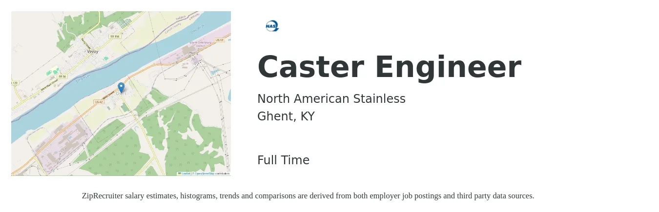 North American Stainless job posting for a Caster Engineer in Ghent, KY with a map of Ghent location.