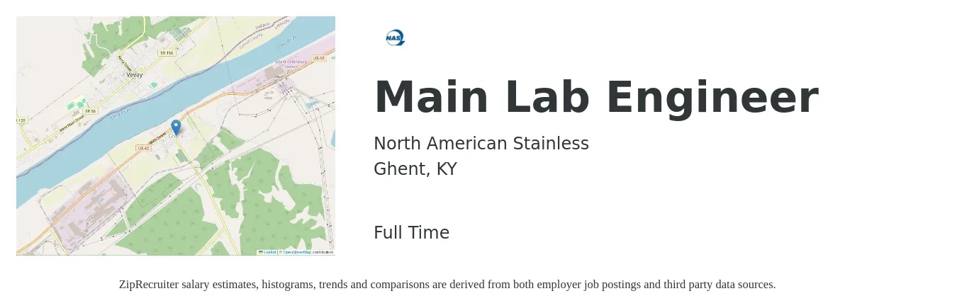 North American Stainless job posting for a Main Lab Engineer in Ghent, KY with a salary of $35 to $57 Hourly with a map of Ghent location.