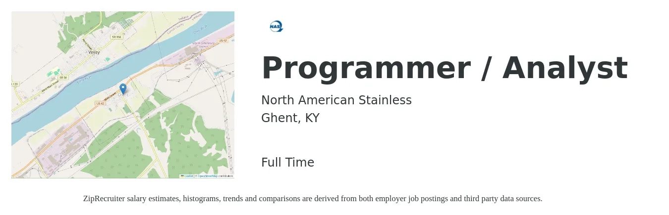 North American Stainless job posting for a Programmer / Analyst in Ghent, KY with a salary of $34 to $53 Hourly with a map of Ghent location.